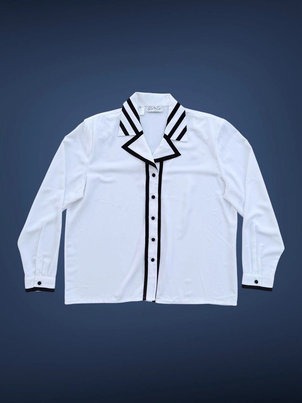 Kathy Che White with Black Trim Button Front Long Sleeve Collared Blouse ~ 16 - Picture 2 of 7